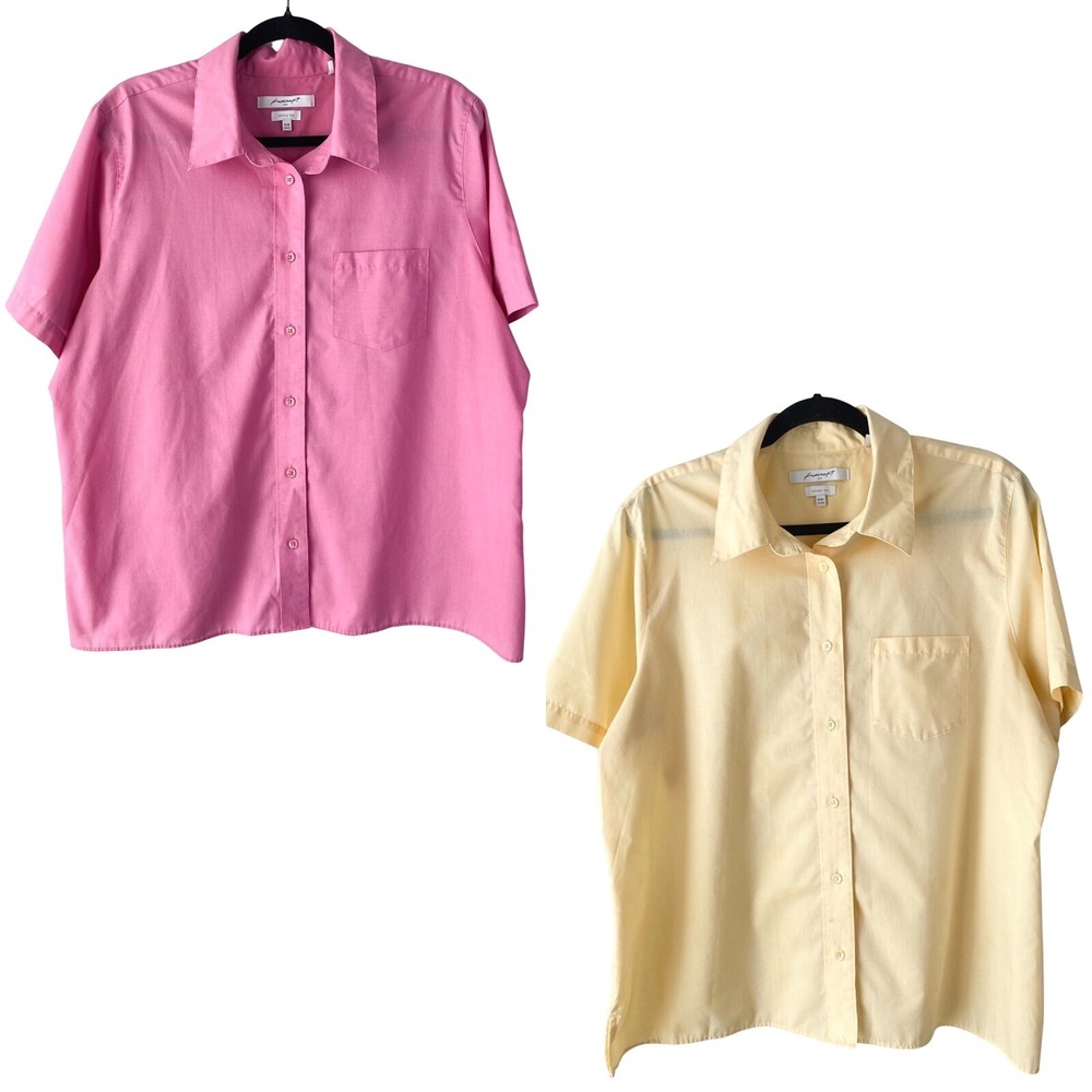 Foxcroft Women Button Up Shirt Bundle 16W Shaped Yellow Pink Short Sleeve Preppy